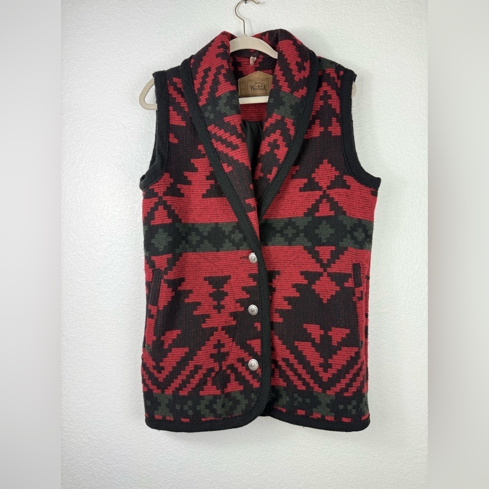Woolrich vintage 80s RED BLACK AZTEC SHAWL NECK WOOL BUTTON UP VEST size S